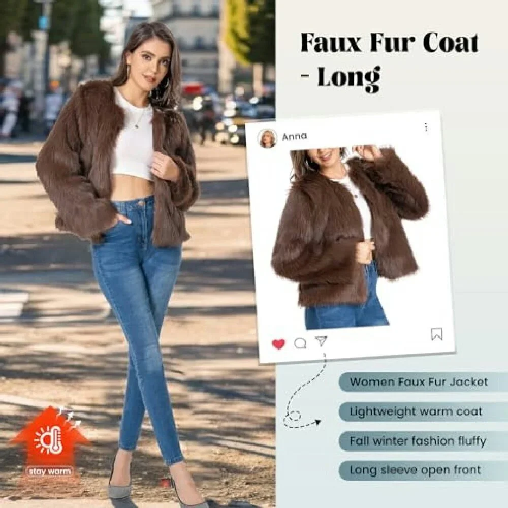 Plus Size Faux Fur Coat Winter Jacket Fluffy Long Sleeve with Pockets